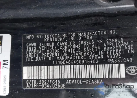 2009 Toyota Camry Se z USA, uszkodzony, nr VIN 4T1BE46K49U916403